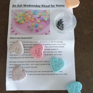 Ash Wednesday Ritual Sheet with a small tub of ash & some Conversation Heart Lollies