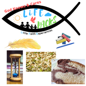 Life Pack logo with feather, blocks, sand timer, seeds & marble cake