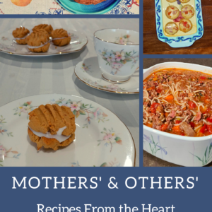 choc cake, savoury filling in a mini tart shell, biscuit on a plate and spaghetti bol with words mothers' & others' recipes from the heart