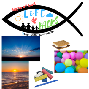 LiFE Pack logo with sunrise, sunset, s'mores, plasticine & balloons