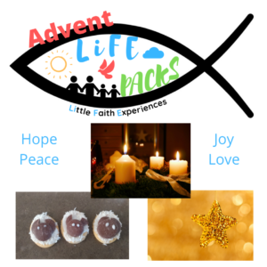 LiFE Pack symbol with words "Advent LiFE Pack, Hope, Peace, Joy, Love. Advent candles, sheep biscuits & star