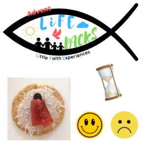 Words Advent Life Packs (Little Faith Experiences) with pictures of baby Jesus biscuit, sand timer, smiley face & sad face